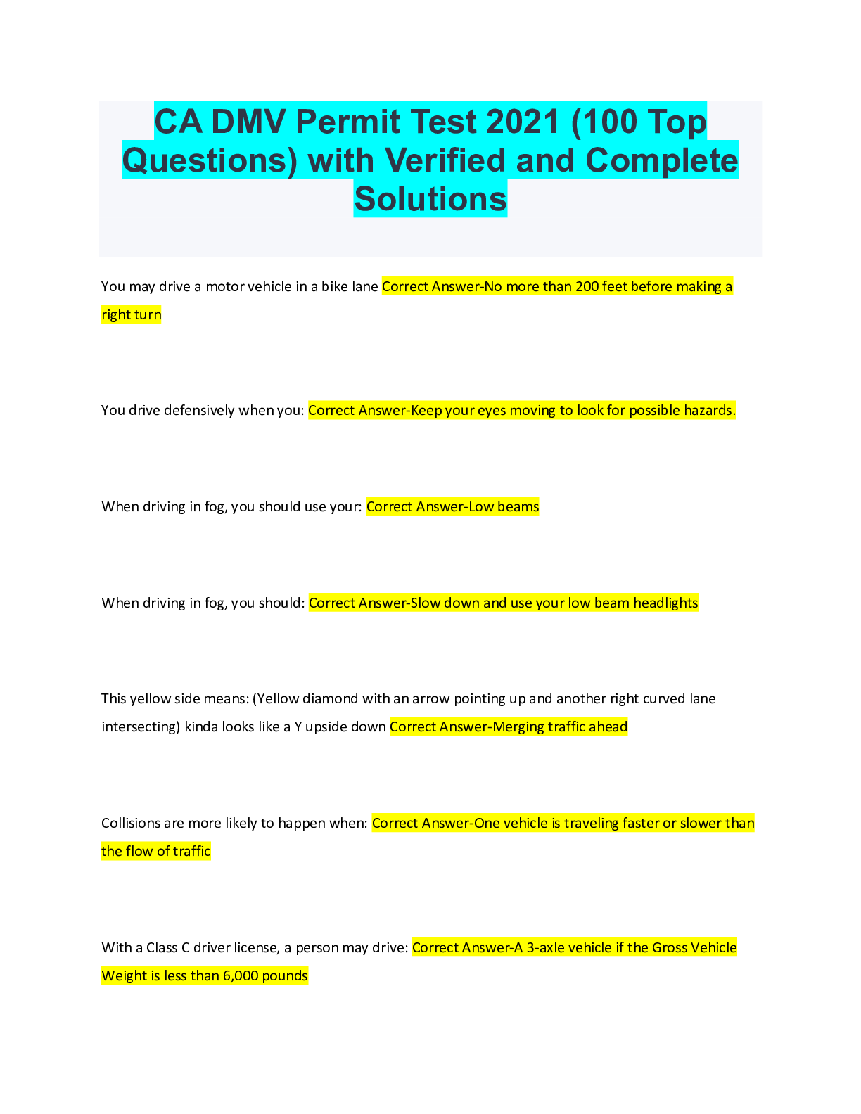 CA DMV Permit Test 2021 (100 Top Questions) with Verified and Complete